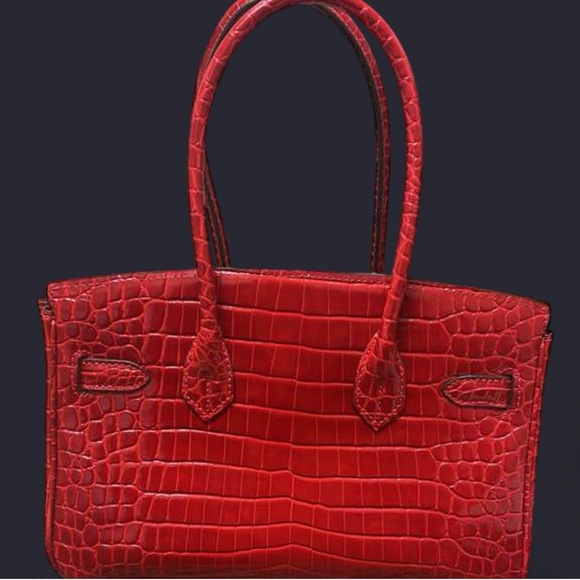 Rouge H Shiny Crocodile Porosus JPG Shoulder Birkin embossed PHW - Picture 6 of 10